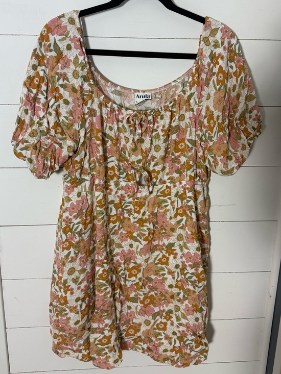 ARULA Dresses & Skirts - ARULA Size B Pink & Mustard Floral Tie-Neck Puff Sleeve Dress Keyhole Cutout